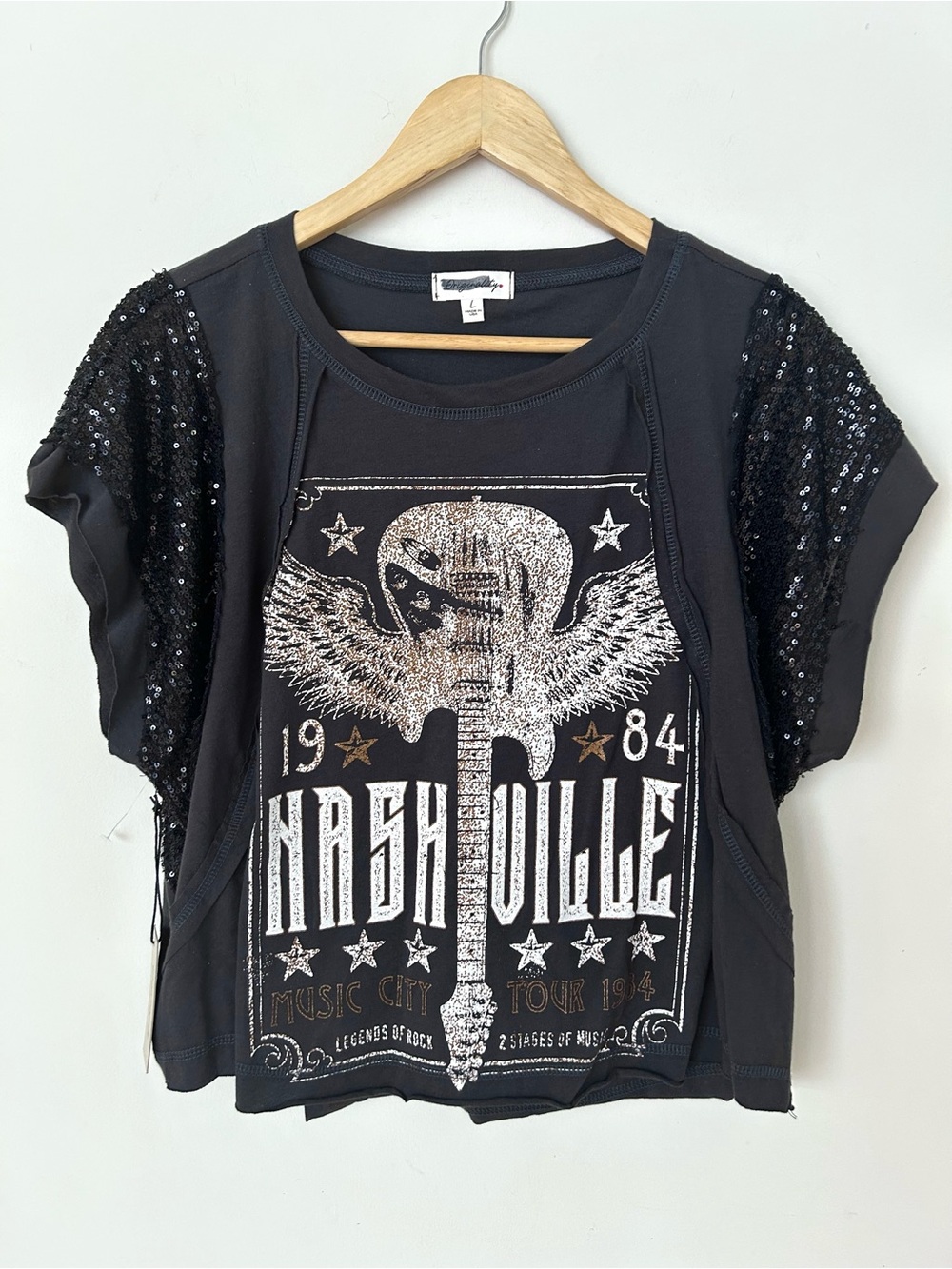 Originality Nashville Black Lace Sequin Sleeves Guitar Graphic Tee NWT Size L